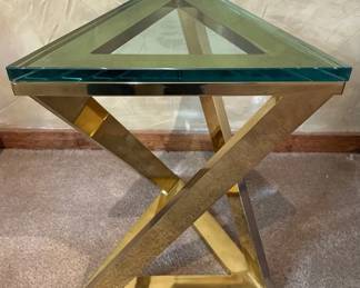 Glass And Brass Plated Steel Corner Table