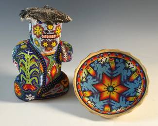 Mexican Huichol Beaded Pottery Bowl and Sculpture 