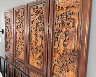 Vintage Chinese 4 panel hand carved wood room divider