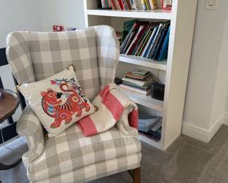 Upholstered side chair; bookshelf & books
