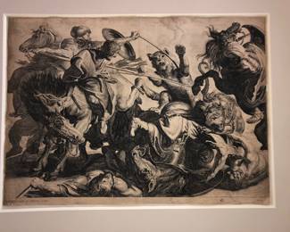Amazing large engraving by Peter Paul Rubens The Lion Hunt. name After: Peter Paul Rubens Print made by: Willem de Leeuw Published by: Cornelis van Merlen 