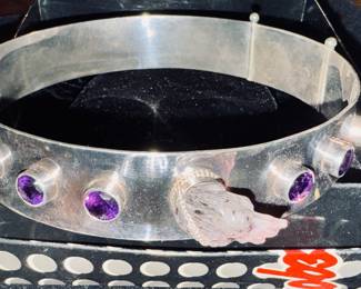 Artisan made carved amethyst wolf amethyst sterling collar 