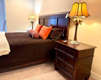 $450 King bed (measurements in previous picture) ($150 Nightstand, 28 x 18 x 29)($80/ea. 2 avail.  Palm tree lamp with glass base, 32H)