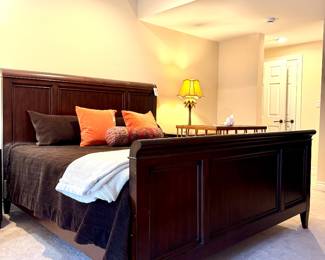 $450 King bed, headboard, footboard and side rails. Mattress and box spring included (Headboard is 79 x 58H) (Footboard is 79 x 35H)