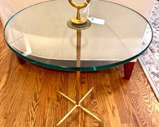 SOLD Glass and gold side table, 18 diam. x 22h.