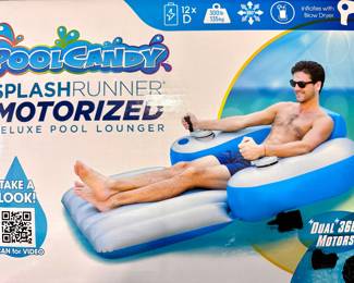 STAFF FAVORITE! $100 Pool Candy Splash Runner Motorized Deluxe Pool Lounger, brand new still in box! Inflates with a blow dryer.  You’ll be the envy of the neighbors!