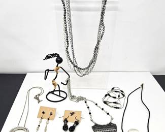 Black & Silver Tone Costume Jewelry Lot – Layered Necklaces, Pendant & Earrings