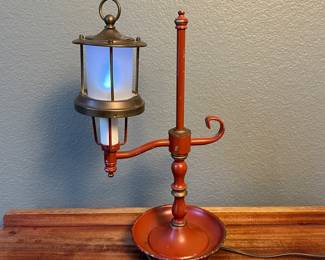 -1933 Chicago Worlds Fair Red Metal and Brass Lantern Lamp with Blue Glow