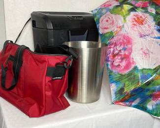 Essentials Lot with Shredder, Stainless Steel Waste Basket, Red Timbuk2 Messenger Bag, and Floral Mini Umbrella