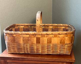 Antique Handwoven Wooden Basket with Sturdy Handle