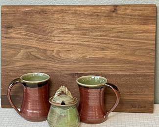  Handcrafted Ceramic Mug Set with Matching Lidded Sugar Bowl and Walnut Wood Cutting Board by My Place