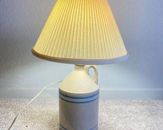  Vintage Crock Jug Table Lamp with Beige and Blue Striped Ceramic Base and Pleated Shade