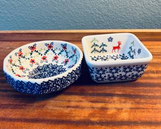 Handmade Polish Pottery Set of Two Bowls Featuring Traditional Floral and Holiday Motifs
