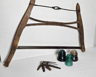 Antique Crosscut Saw, Skeleton Keys & Glass Insulators Primitive Farm Lot