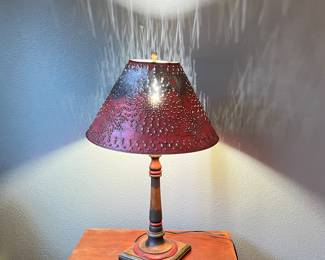 Rustic Primitive Table Lamp with Tin Punch Shade