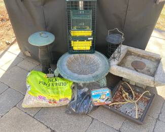  Bird Enthusiast Outdoor Set with Concrete Bird Bath and Hanging Feeders