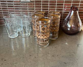 Set of Vintage Mid-Century Modern Glasses with Decorative Brown Floral Accents