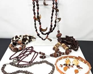 Earth Tone Costume Jewelry Lot – Wood, Shell & Beaded Necklaces, Bracelet & Earrings
