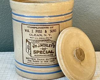 Vintage Stoneware Crock with Lid - Wm. J. Moxley's Special Oleomargarine Advertising