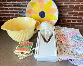  Vintage Kitchen Bundle SWISSMAR Mandoline, Floral Apron, Handmade Daisy Bowl, & Mixing Bowl