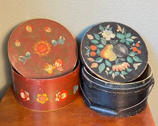 Two Vintage Hand-Painted German Folk Art Bentwood Boxes w/ Hand Painted Florals