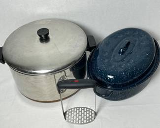 Vintage Revere Ware 12 Quart Stainless Steel Stockpot with Blue Speckled Enamel Roaster and Potato Masher