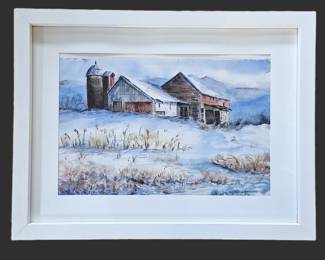 - E MacNicoll Original Watercolor Winter Barn Landscape Framed