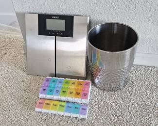 -Homedics Digital Bathroom Scale + Stainless Wastebasket & Pill Organizers