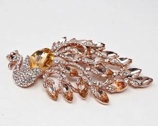  Rose Gold Tone Peacock Brooch with Rhinestones & Amber Crystal Accents
