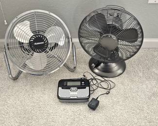  2 Metal Table Fans + RadioShack SAME Weather Alert Clock Radio