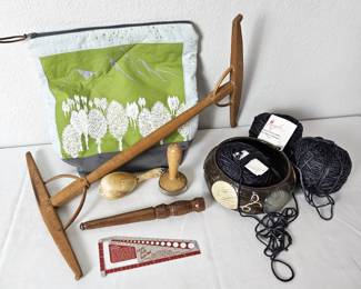 -Knitting & Yarn Craft Lot – Niddy Noddy, Yarn Bowl, Hand Dyed Yarn & Project Bag