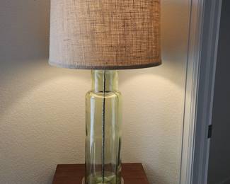 Heavy Thick Glass Jar Table Lamp w Burlap Shade - Green Tinted Glass- 30" Tall