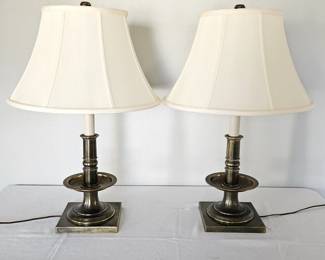  Pair of Stiffel Solid Brass Table Lamps with Cream Bell Silk Shades – 26” H