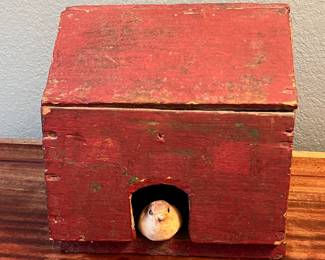 Antique Rustic Red Wooden Birdhouse with Removable Bird Figurine
