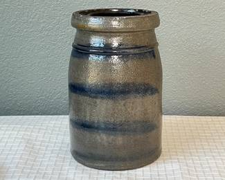 Antique Salt Glaze Gray Blue Crock with Traditional Design