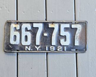 1921 New York License Plate Embossed Steel Antique Original Black White
