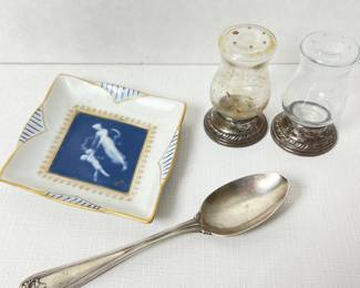  Tiffany & Co. Sterling Silver Spoon, Glass Salt & Pepper Shakers, Diamond Shaped Limoges trinket dish