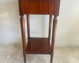 - Vintage Cherry Tone Side Table with Dovetail Drawer and Lower Shelf
