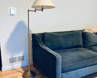 - Adjustable Brass Swing Arm Floor Lamp with Beige Fabric Shade