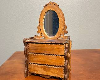 Antique Tramp Art Miniature Dresser with Mirror – Hand Carved Folk Art, Three Working Drawers