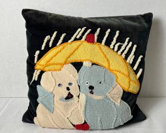  Handcrafted Cushion with Embroidered Puppies Under Umbrella