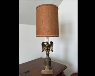 Mid-Century Modern eagle lamp with burlap shade. TESTED. Measures with shade: 25" tall.