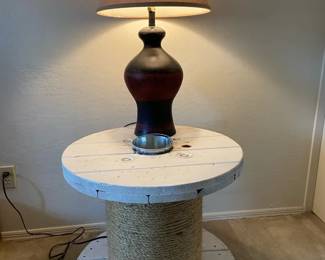 Wooden Spool Table With Lamp
