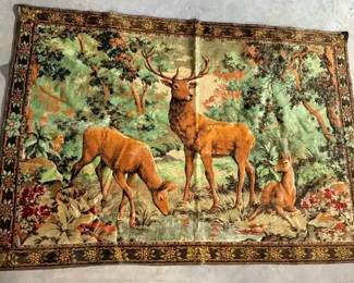 Vintage Deer Woodland Scene Tapestry Rug with Floral Border