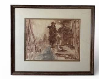Framed Sepia Tone Watercolor Landscape Painting