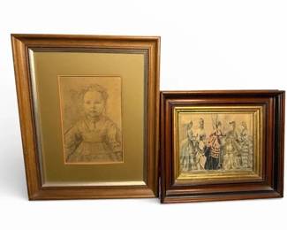 Framed Vintage Child Sketch and Victorian Style Fashion Print