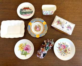 Antique Porcelain Rocker Blotter with Miniature Bone China Trinket Dishes Vintage SemiPrecious St