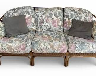 Rattan Living Room Sofa Floral Upholstery
