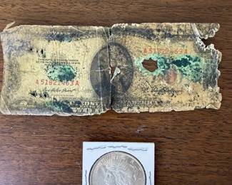 1922 Peace Silver Dollar and 1899 $2 United States Note