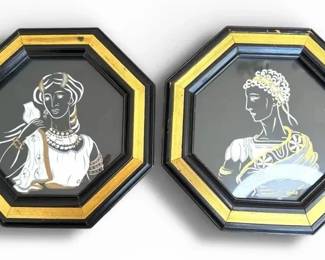 Pair of Framed Octagonal Neoclassical Glass Art